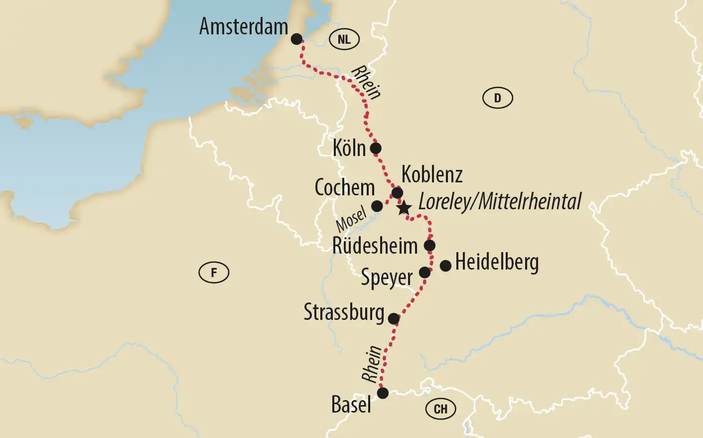 Karte einer Rheinstrecke von Amsterdam und Utrecht über Köln, Boppard, Wiesbaden, Mainz, Worms, Speyer und Strassburg bis Basel, verbunden durch eine rote Linie.