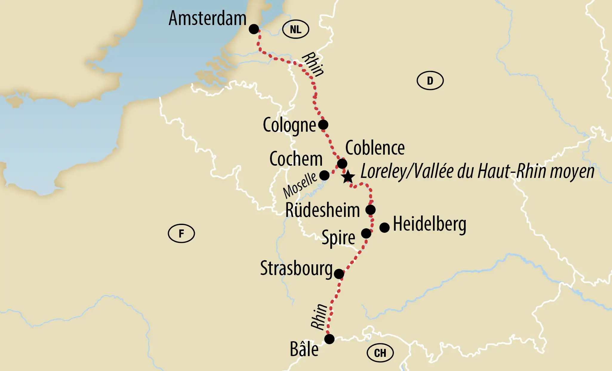 Carte d'un itinéraire le long du Rhin d'Amsterdam et Utrecht via Cologne, Boppard, Wiesbaden, Mayence, Worms, Spire et Strasbourg jusqu'à Bâle, tracé en rouge.
