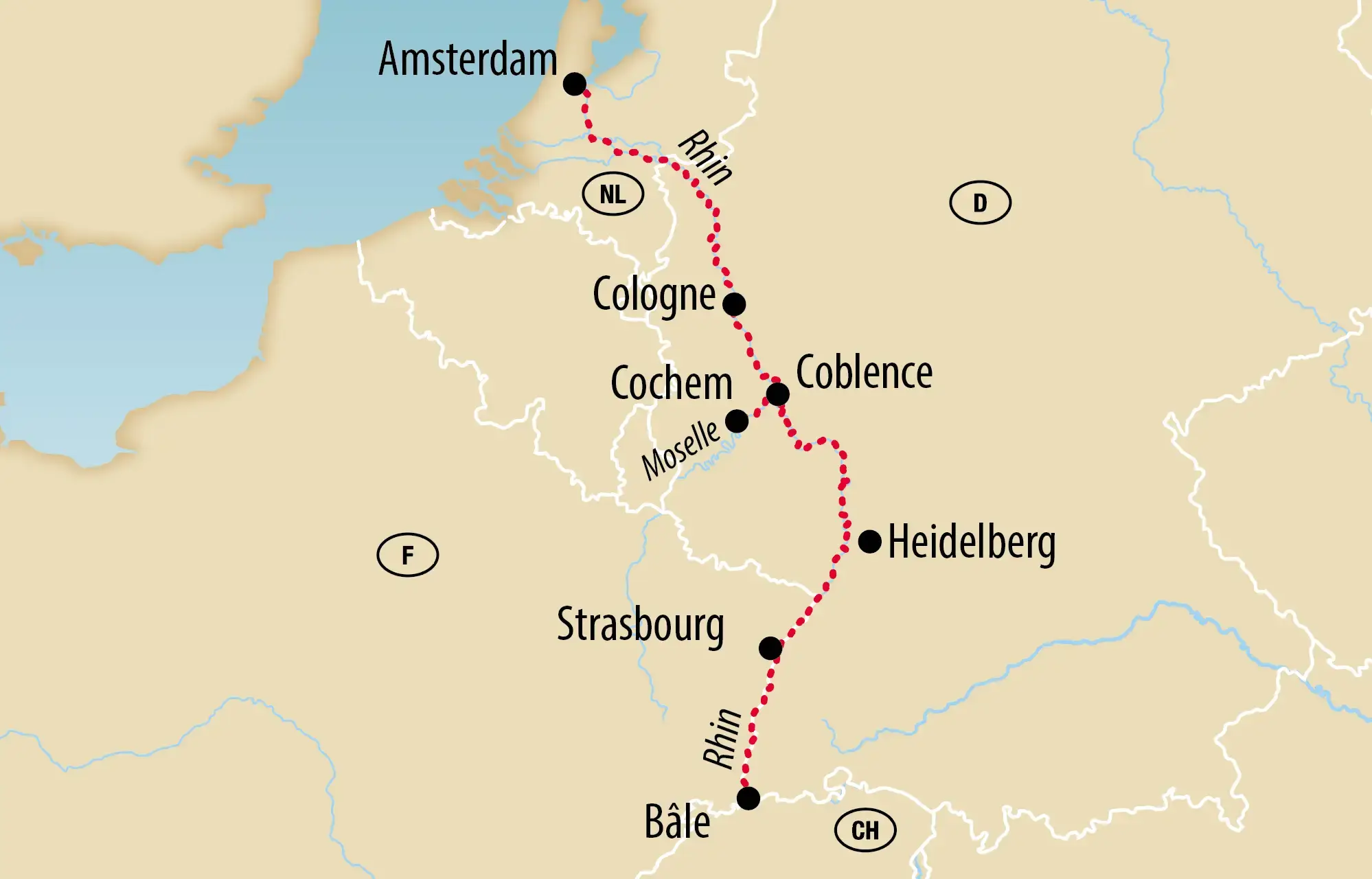 Carte d'un itinéraire le long du Rhin d'Amsterdam et Utrecht via Cologne, Boppard, Wiesbaden, Mayence, Worms, Spire et Strasbourg jusqu'à Bâle, tracé en rouge.
