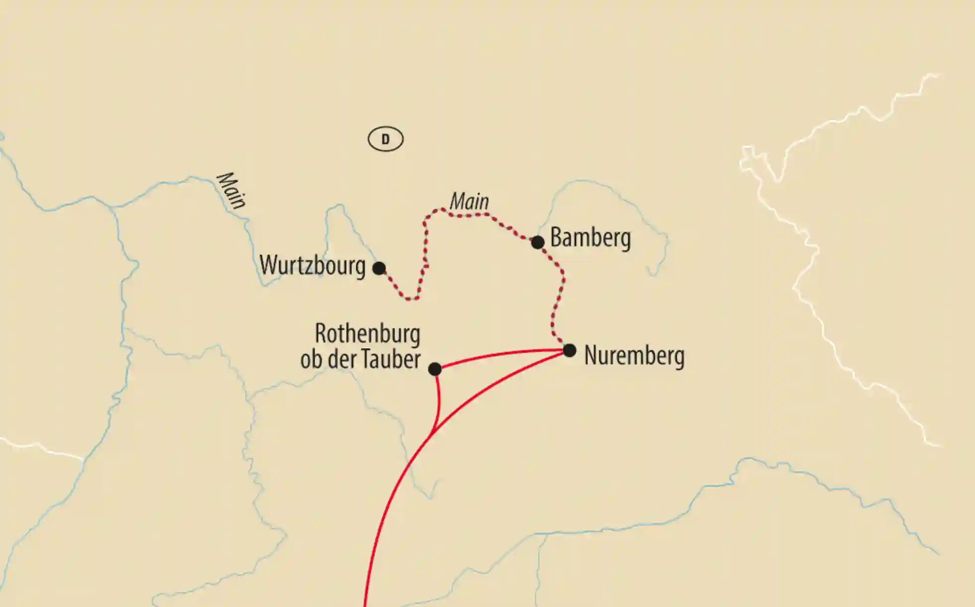 Carte de la region de Franconie avec un itineraire trace le long du Main et des etapes a Würzburg Bamberg Rothenburg ob der Tauber et Nuremberg