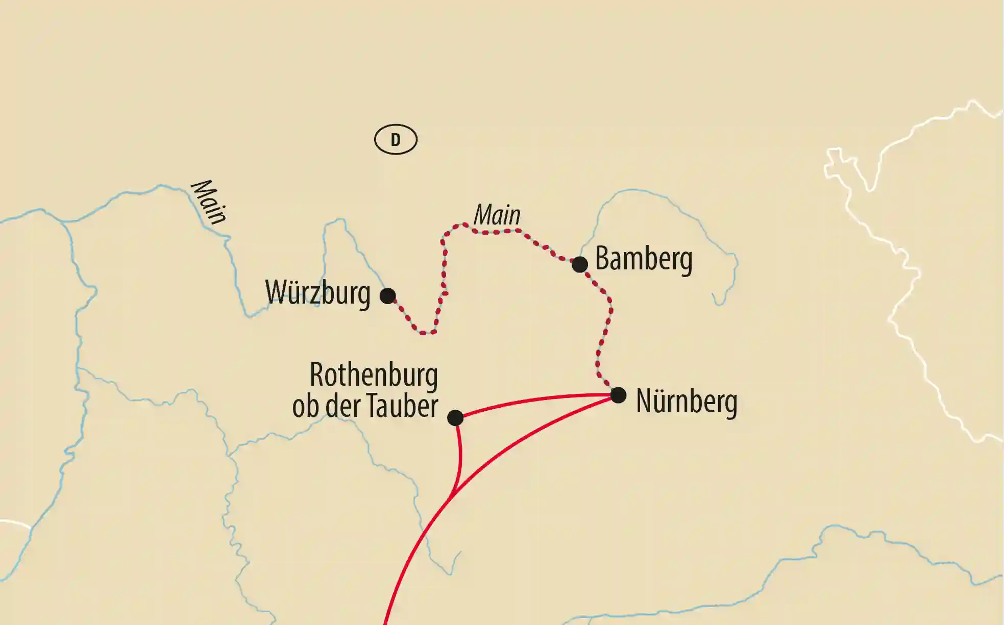 Karte von Franken mit eingezeichneter Route entlang des Mains und Stationen in Würzburg Bamberg Rothenburg ob der Tauber und Nürnberg