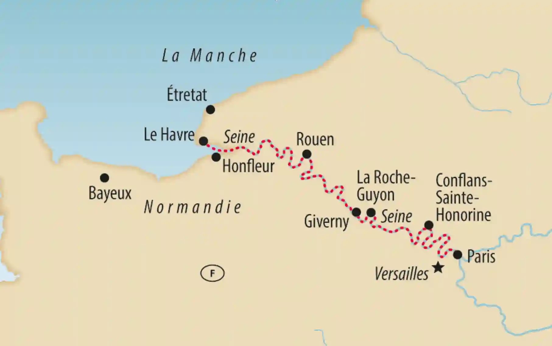 Carte de la Normandie avec itinéraire marqué le long de la Seine de Paris à Le Havre