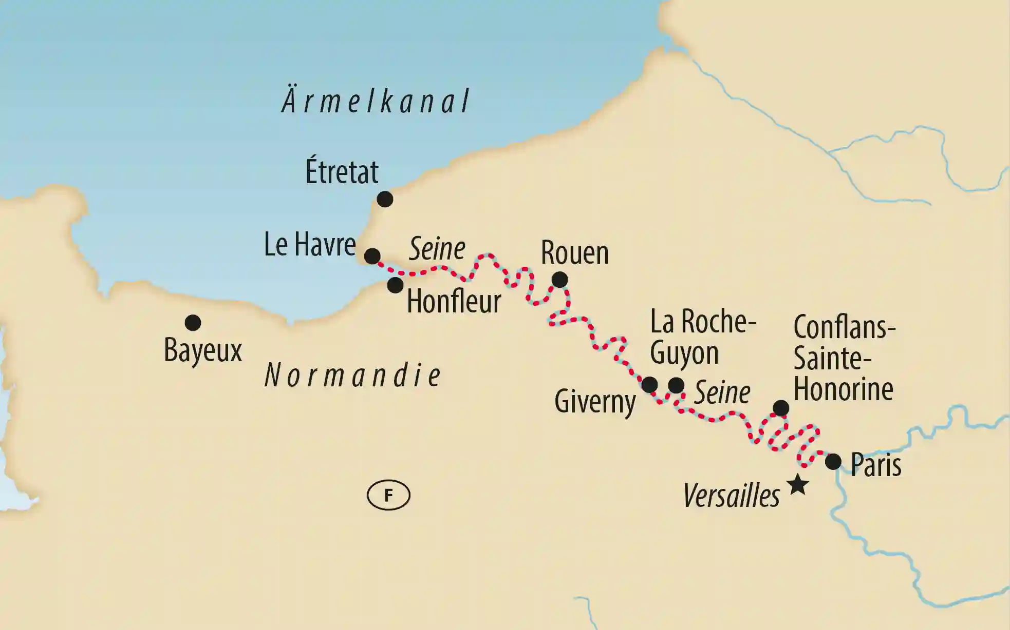 Karte der Normandie mit eingezeichneter Route entlang der Seine zwischen Paris Rouen Honfleur und Le Havre