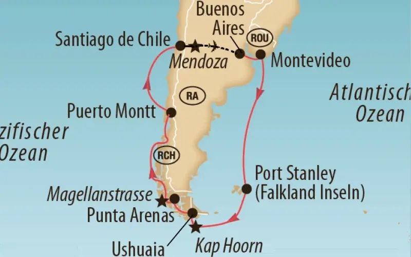 Übersichtskarte von Südamerika mit eingezeichneter Reiseroute durch Argentinien, Chile und Uruguay bis Kap Hoorn