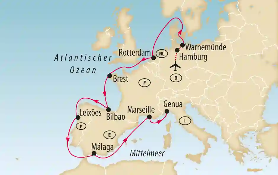 Karte von Westeuropa mit markierter Kreuzfahrtroute über Rotterdam, Brest, Bilbao, Málaga, Marseille und Genua