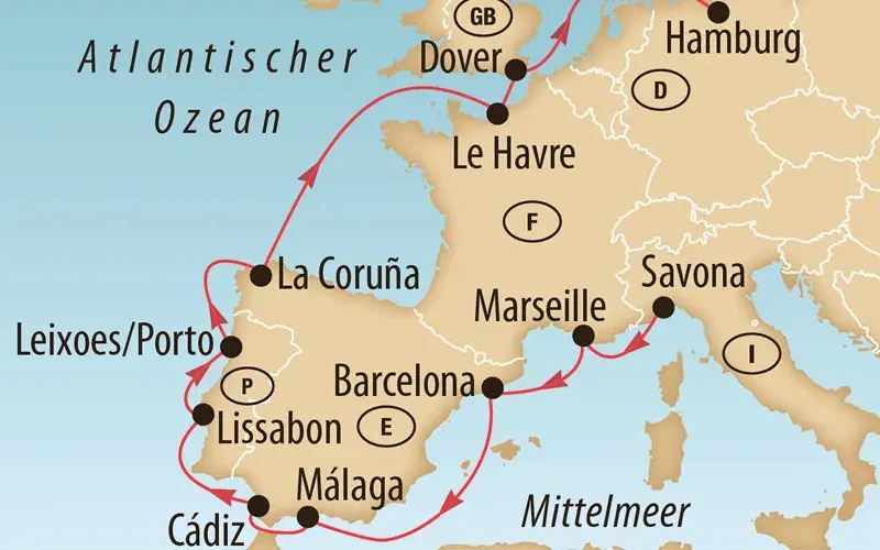 Karte einer Kreuzfahrt durch Westeuropa mit markierter Route und Hafenstädten wie Lissabon, Barcelona und Marseille