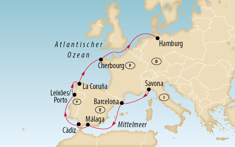 Karte einer Kreuzfahrt durch Westeuropa mit markierter Route und Hafenstädten wie Lissabon, Barcelona und Marseille