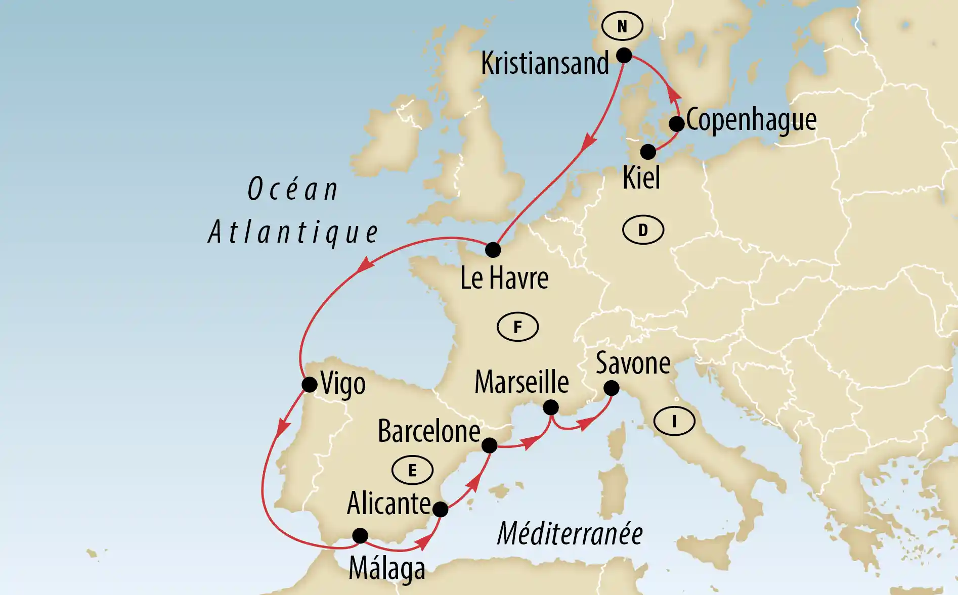 Carte d'un itinéraire de croisière en Europe de l'Ouest avec ports indiqués en Scandinavie, France, Espagne et Italie