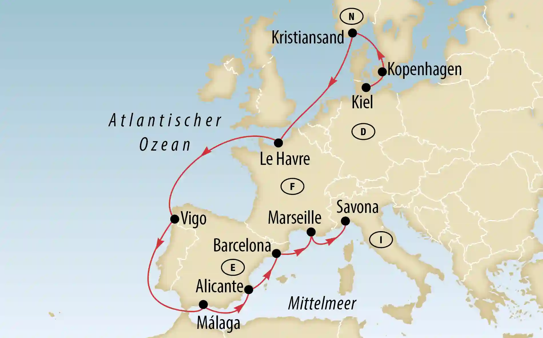 Karte einer Kreuzfahrtroute durch Westeuropa mit markierten Häfen in Skandinavien, Frankreich, Spanien und Italien