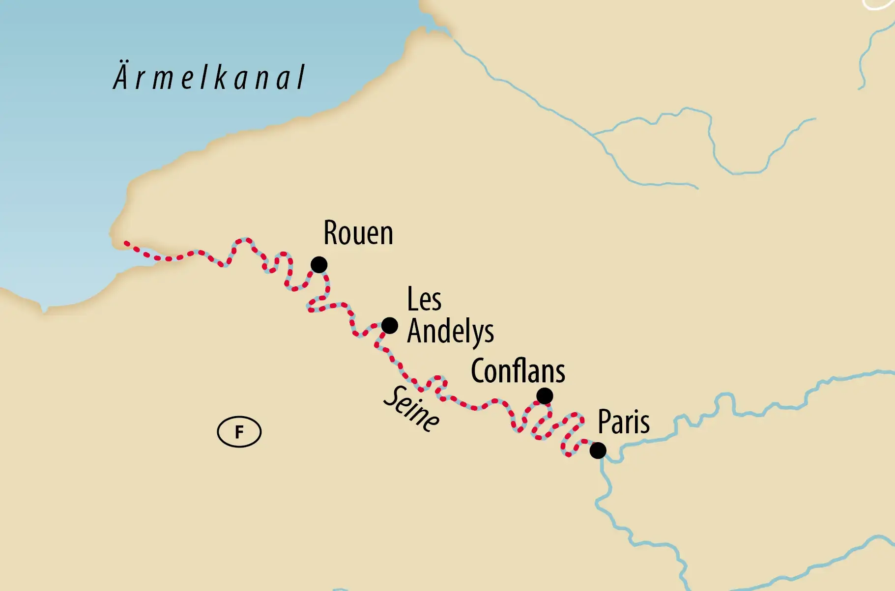 Reiseroute auf der Seine mit verschiedenen Stationen wie Rouen, Les Andelys, Conflans und Paris