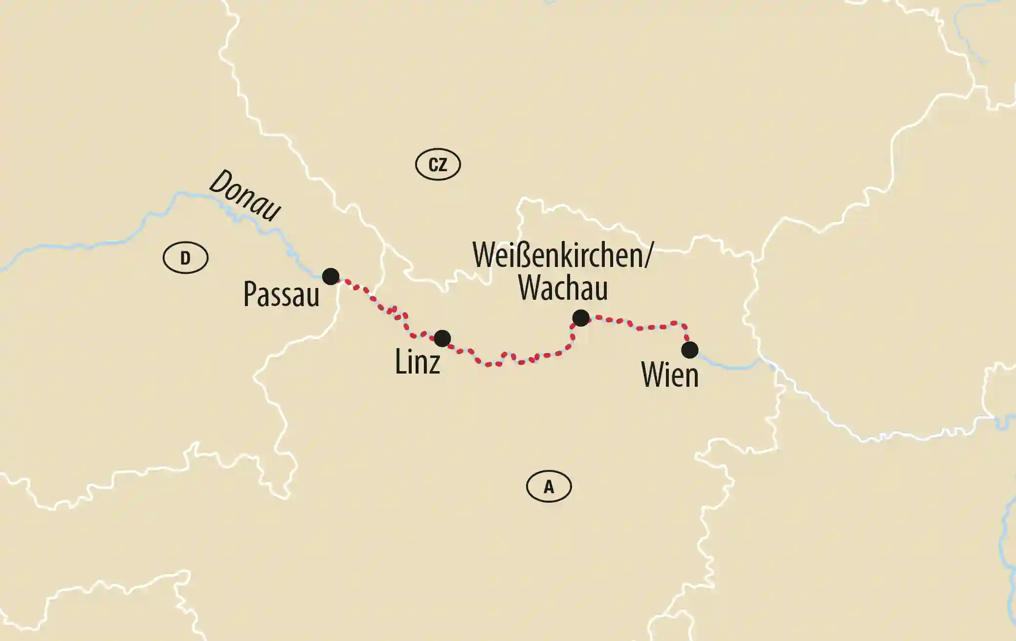 Karte der Donau mit Reiseroute von Passau über Linz und die Wachau bis nach Wien