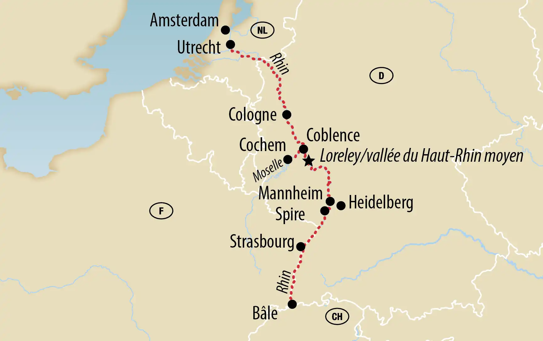 Carte montrant un itinéraire le long du Rhin et de la Moselle, d’Amsterdam et Utrecht via Cologne, Coblence et Strasbourg jusqu’à Bâle, avec étapes indiquées