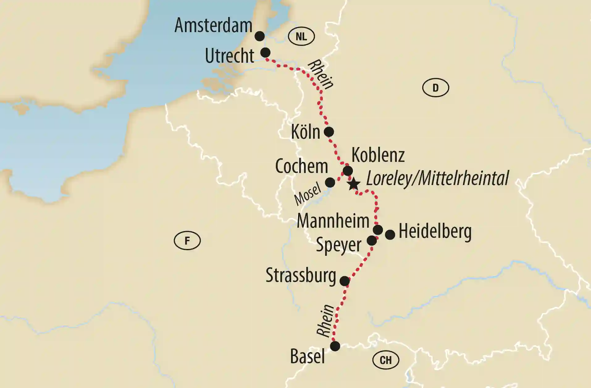 Karte mit eingezeichneter Reiseroute entlang Rhein und Mosel von Amsterdam und Utrecht über Köln, Koblenz und Strassburg bis Basel, mit Stationen markiert