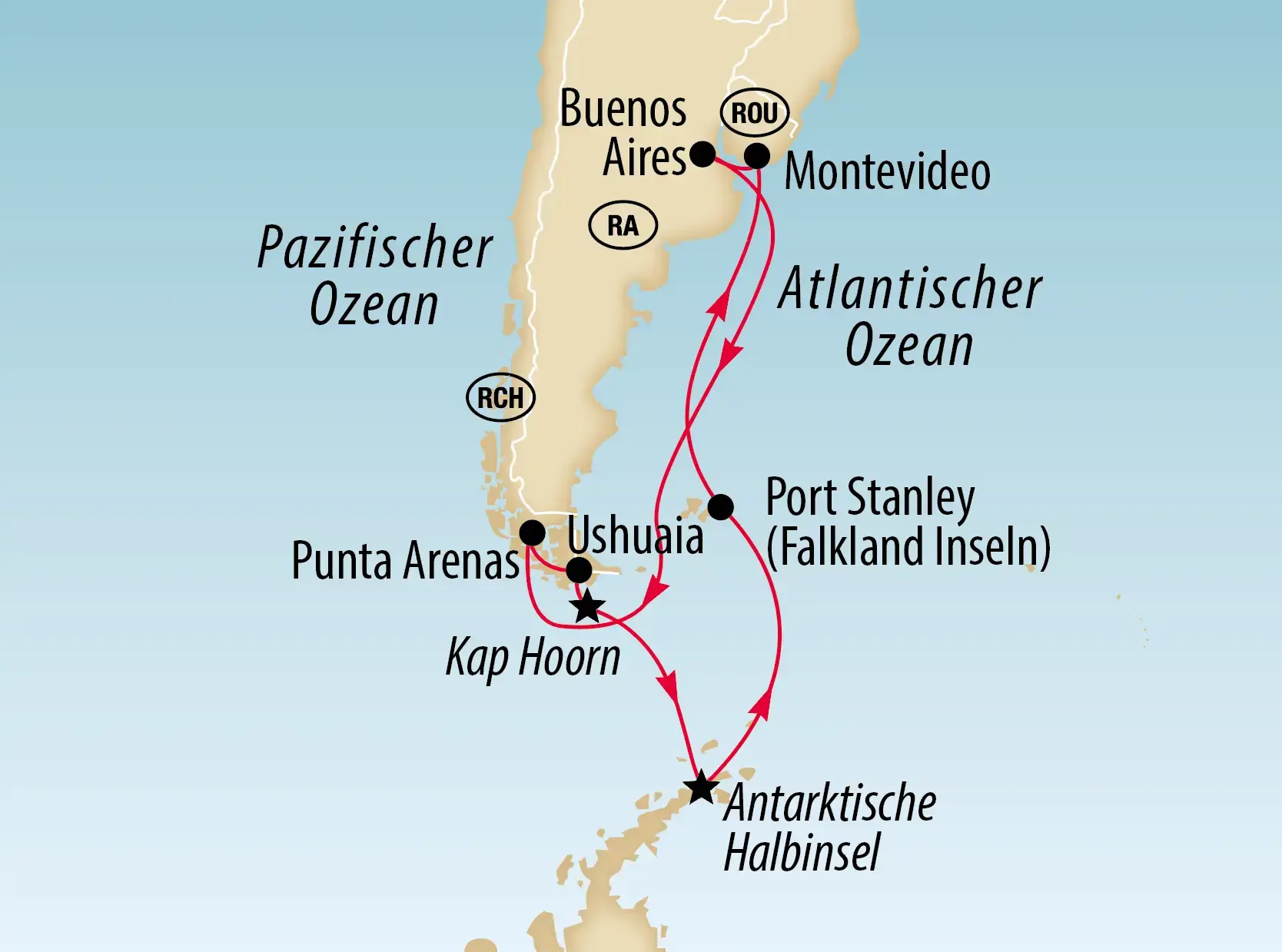 Karte einer Kreuzfahrtroute von Buenos Aires zur Antarktischen Halbinsel mit Stationen in Südamerika