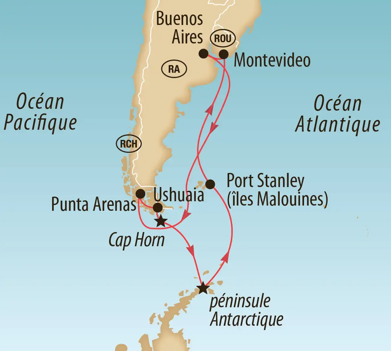Carte d itinéraire de croisière de Buenos Aires vers la peninsule Antarctique avec etiquettes en francais
