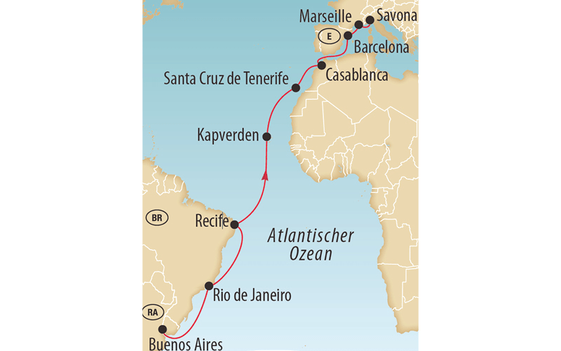 Karte einer Transatlantikroute von Europa über Afrika nach Südamerika mit markierten Hafenstädten