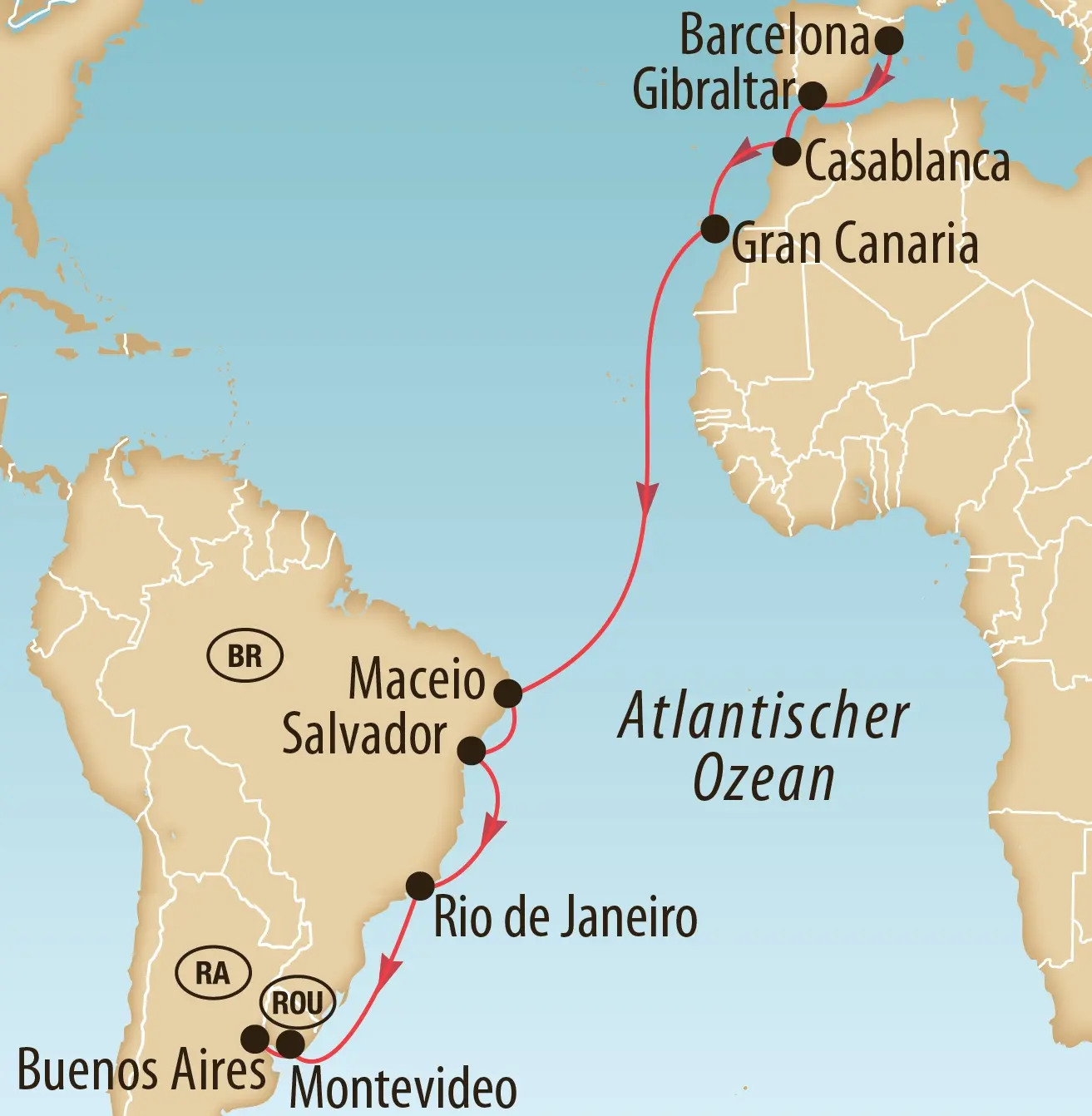 Karte des Atlantischen Ozeans mit eingezeichneter Schiffsroute von Barcelona über Gibraltar, Casablanca und Gran Canaria nach Brasilien, Uruguay und Argentinien