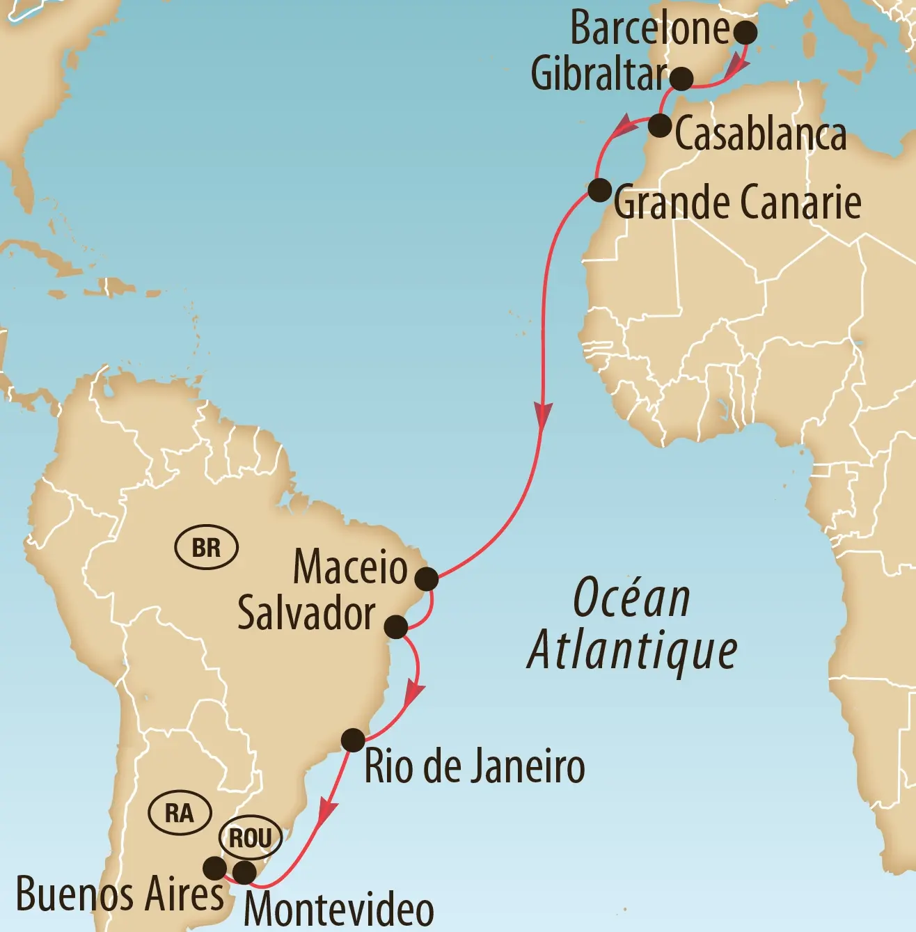 Carte de l’océan Atlantique montrant un itinéraire maritime reliant Barcelone, Gibraltar, Casablanca et Gran Canaria à l’Amérique du Sud