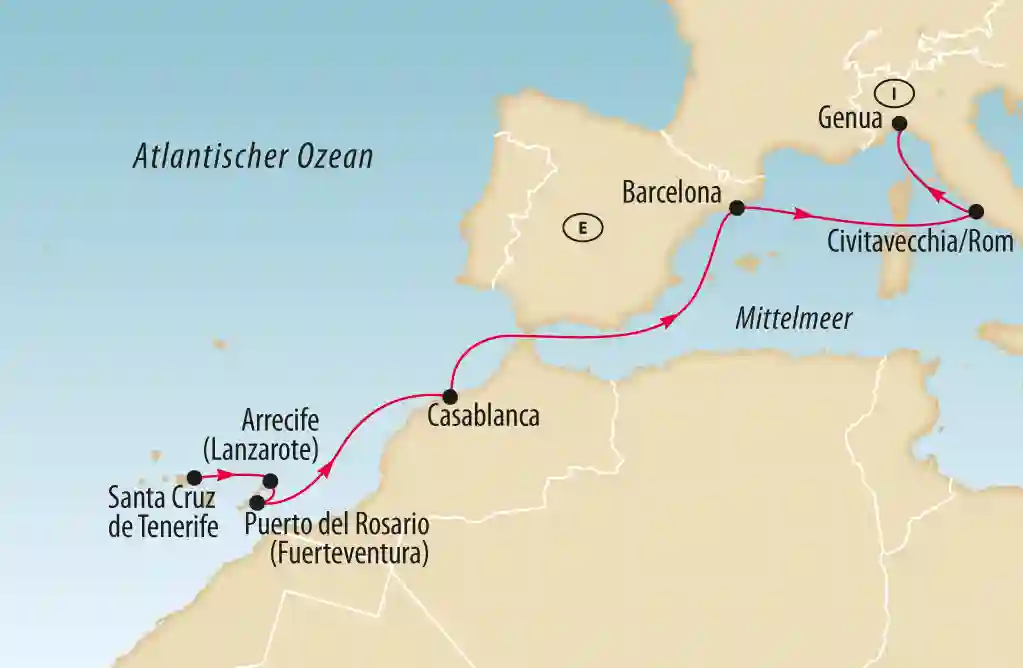 Karte mit Kreuzfahrtroute vom Mittelmeer zu den Kanarischen Inseln und nach Nordafrika