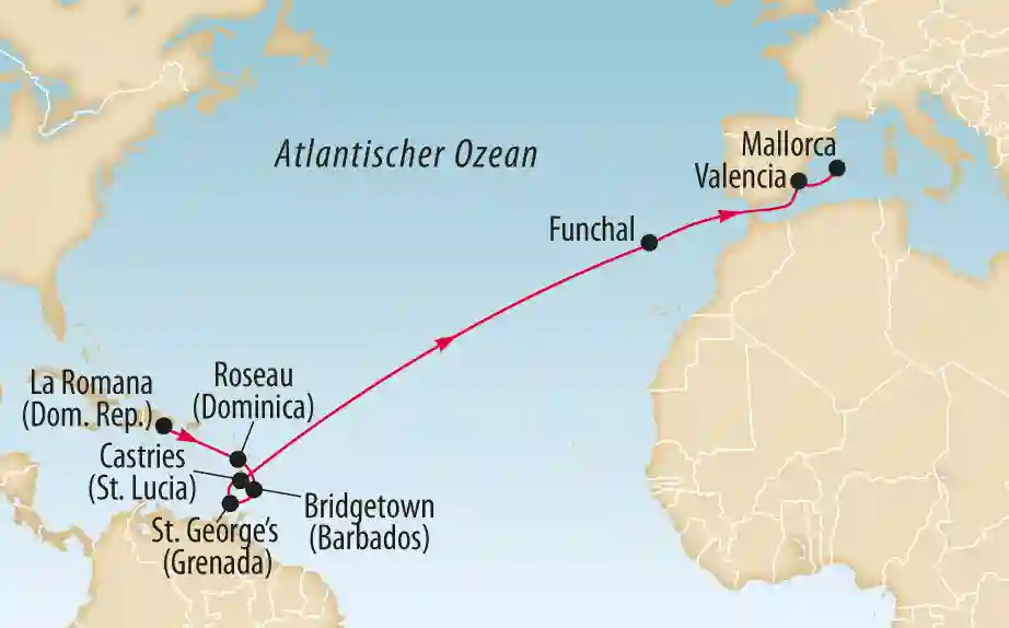 Karte mit Transatlantik Route von Europa in die Karibik über den Atlantischen Ozean