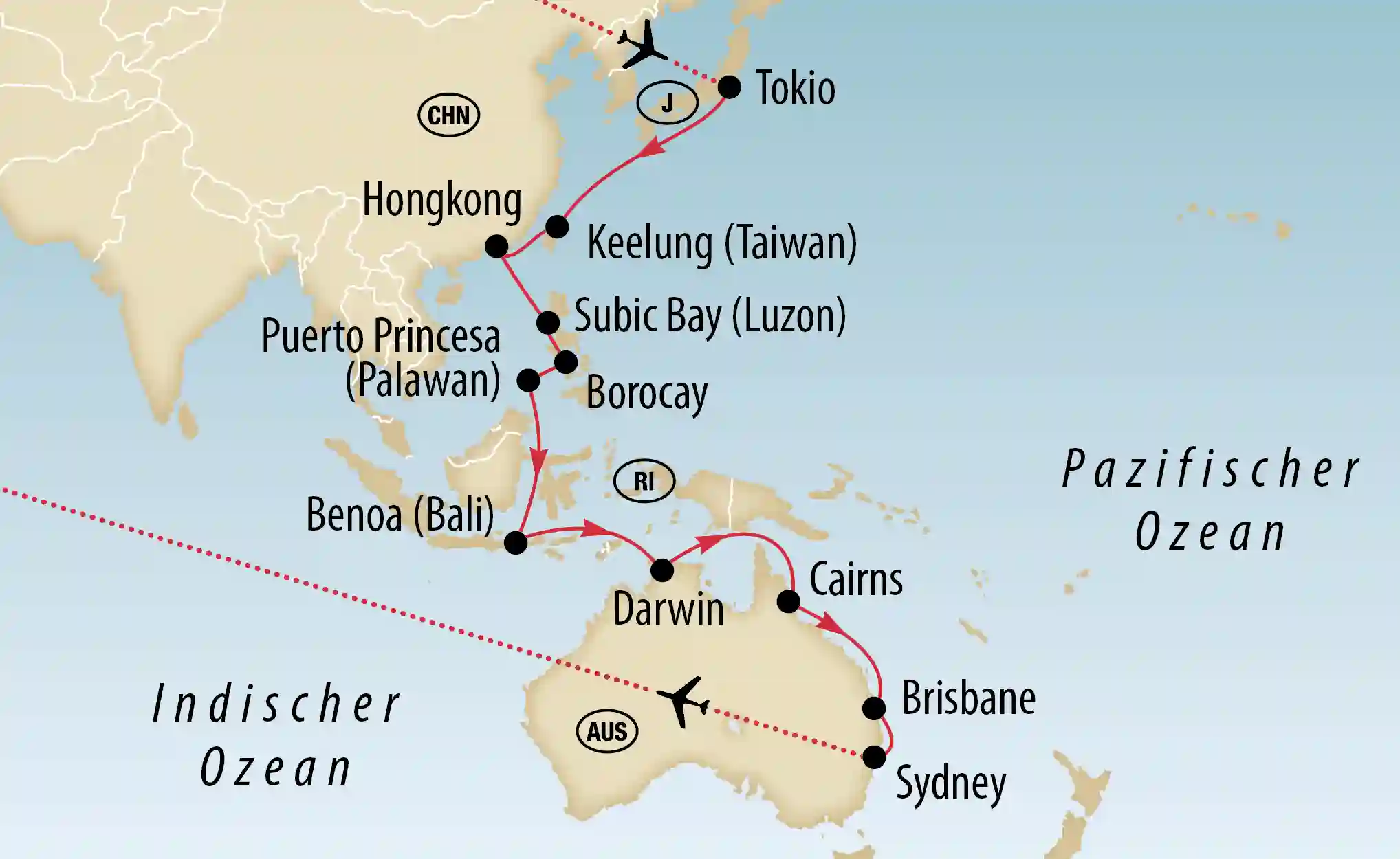 Karte mit eingezeichneter Kreuzfahrtroute von Tokio über Südostasien bis nach Australien mit mehreren Hafenstopps