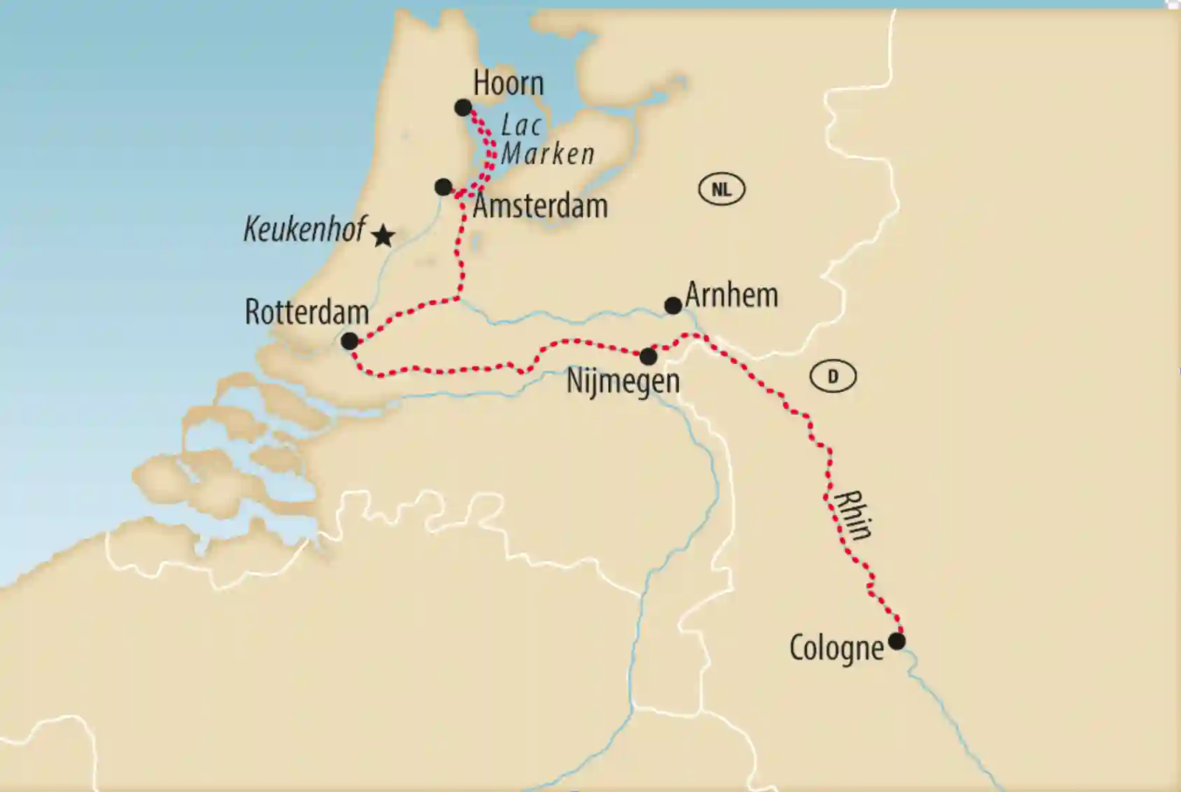 Carte dun voyage fluvial reliant Amsterdam, Hoorn, Rotterdam, Nimègue et Arnhem jusquà Cologne le long du Rhin