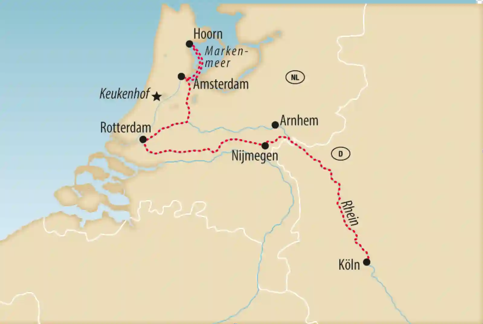 Karte einer Flussreise von Amsterdam über Hoorn, Rotterdam, Nijmegen und Arnhem bis nach Köln entlang des Rheins