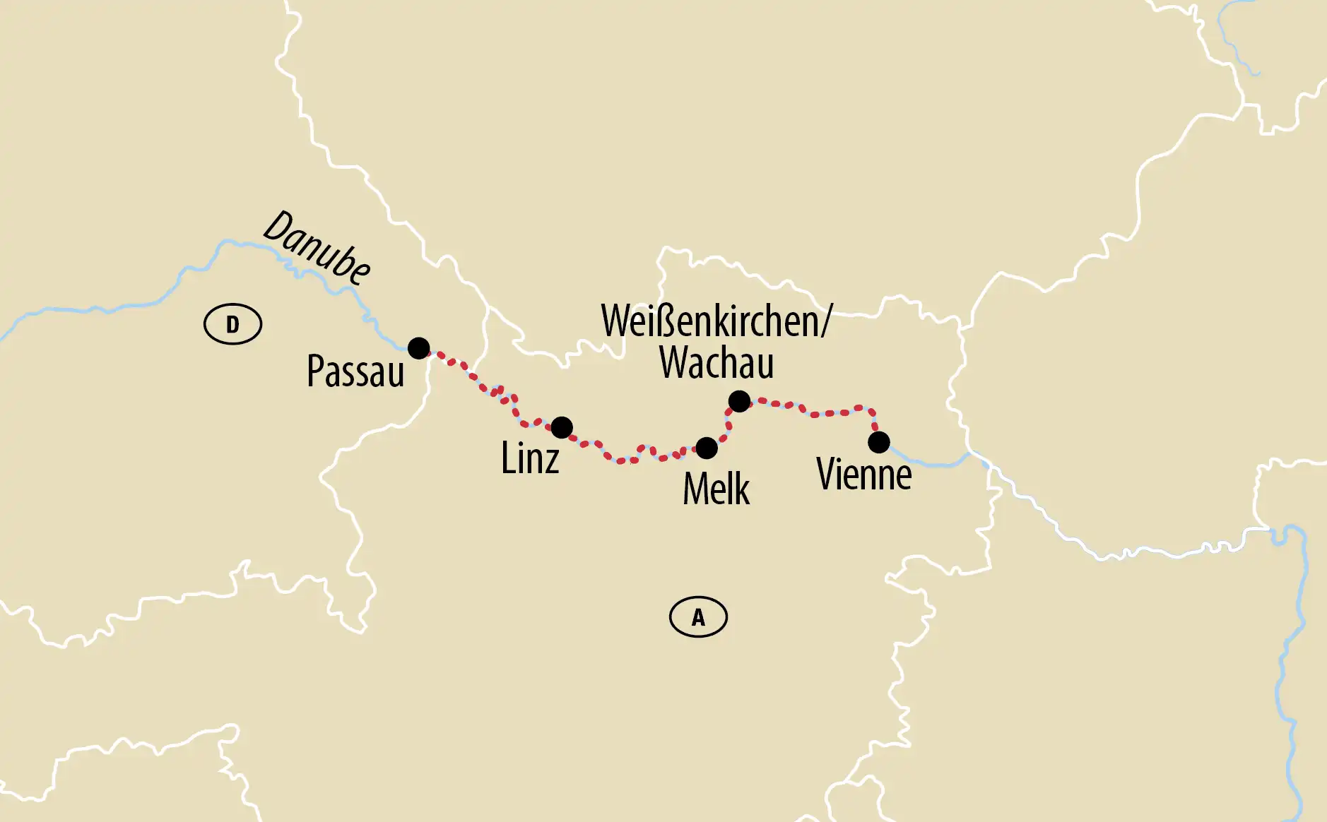 Carte montrant l'itinéraire le long du Danube de Passau à Vienne