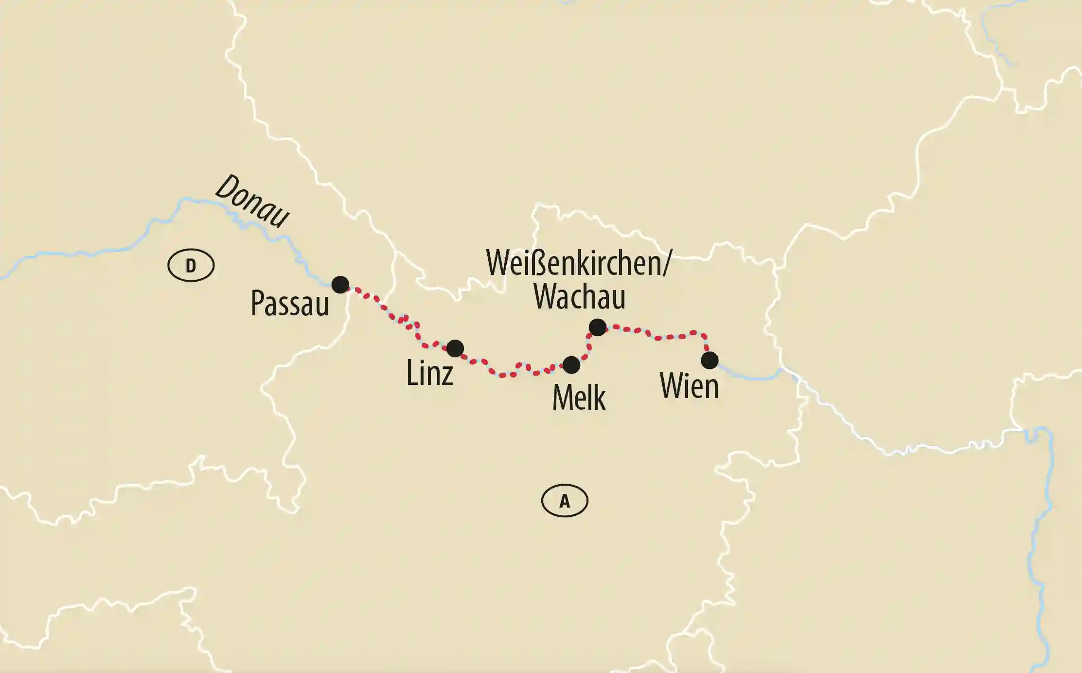 Karte mit Reiseroute entlang der Donau von Passau bis Wien