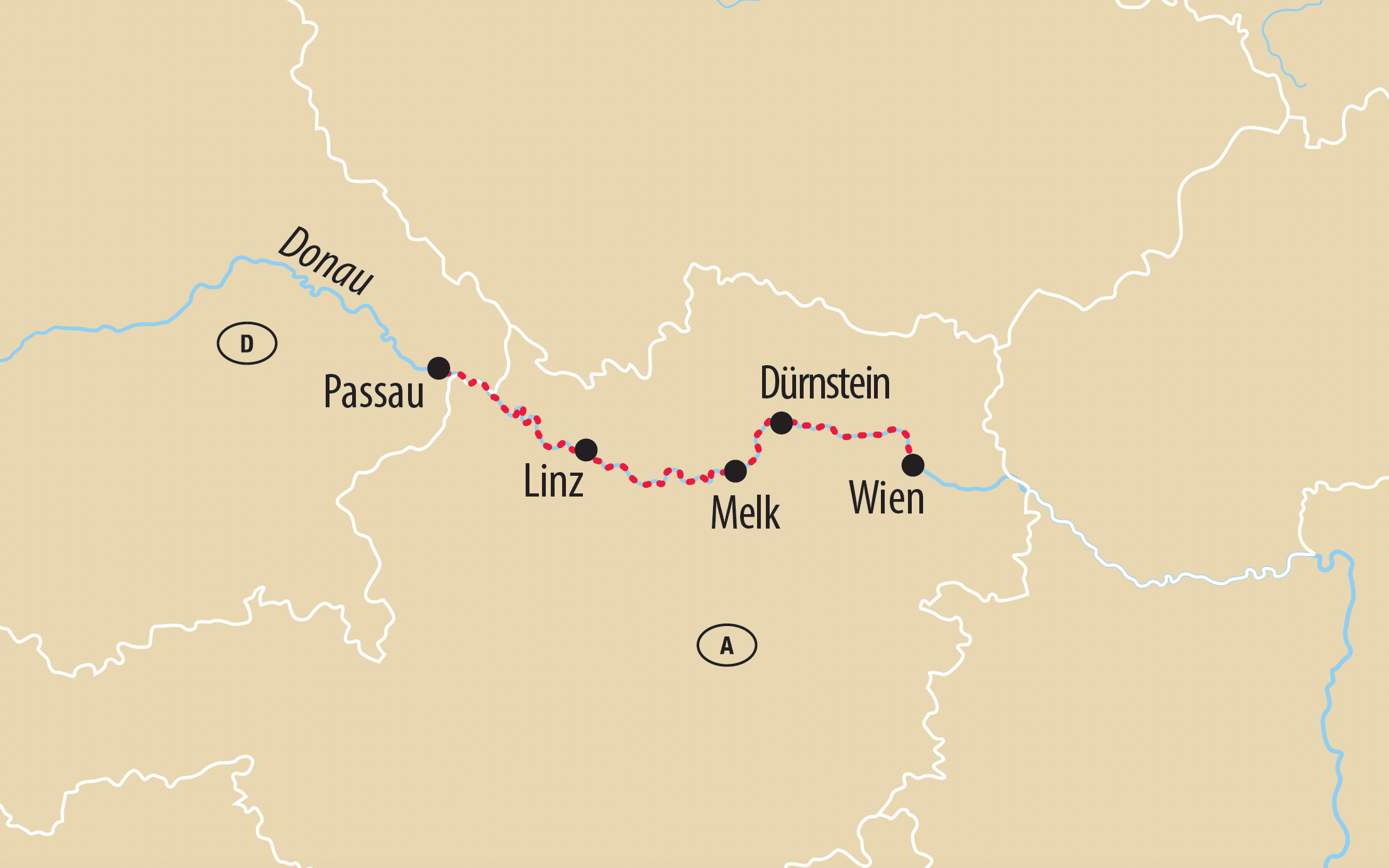 Karte mit Reiseroute entlang der Donau von Passau bis Wien