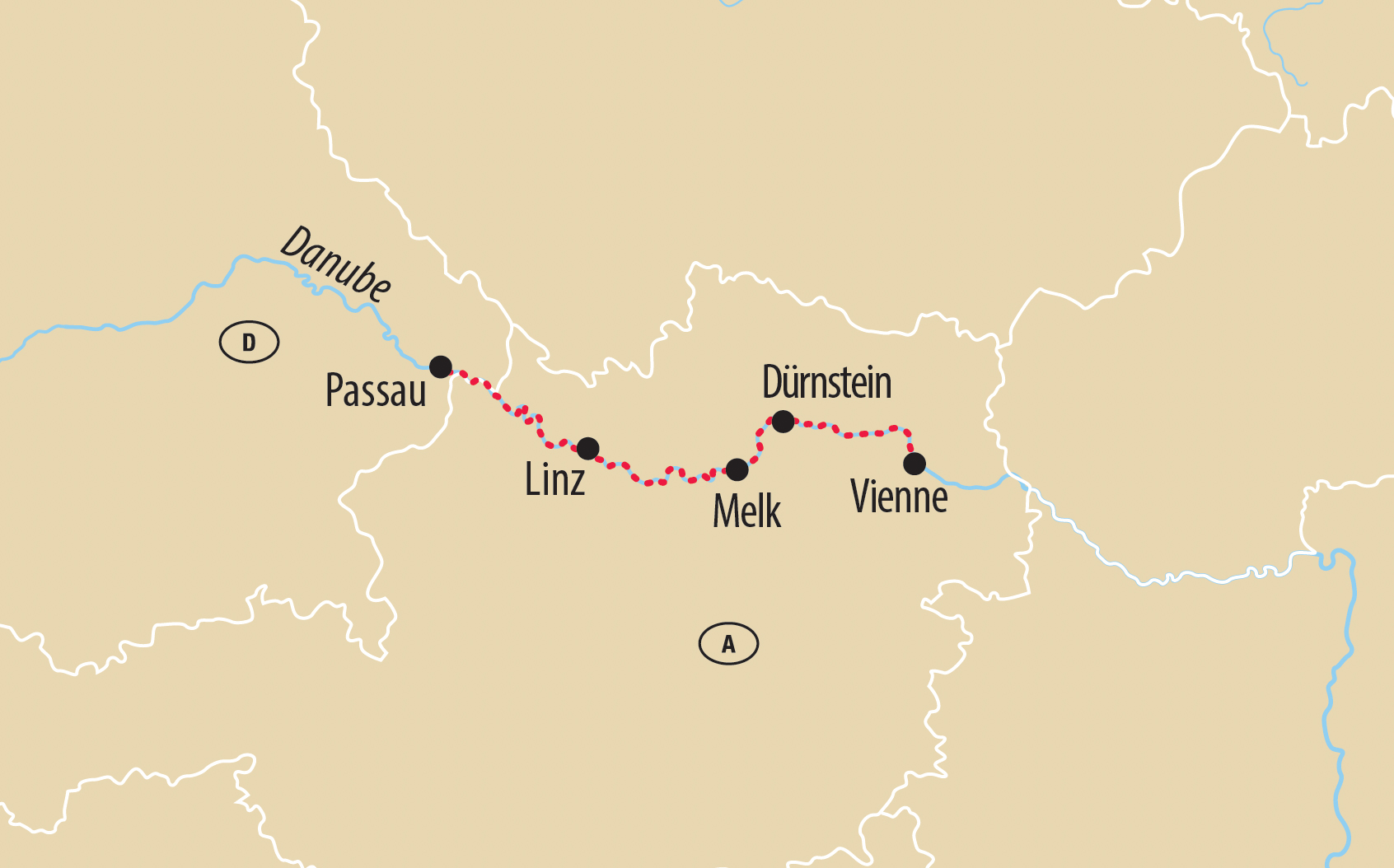Carte montrant l'itinéraire le long du Danube de Passau à Vienne