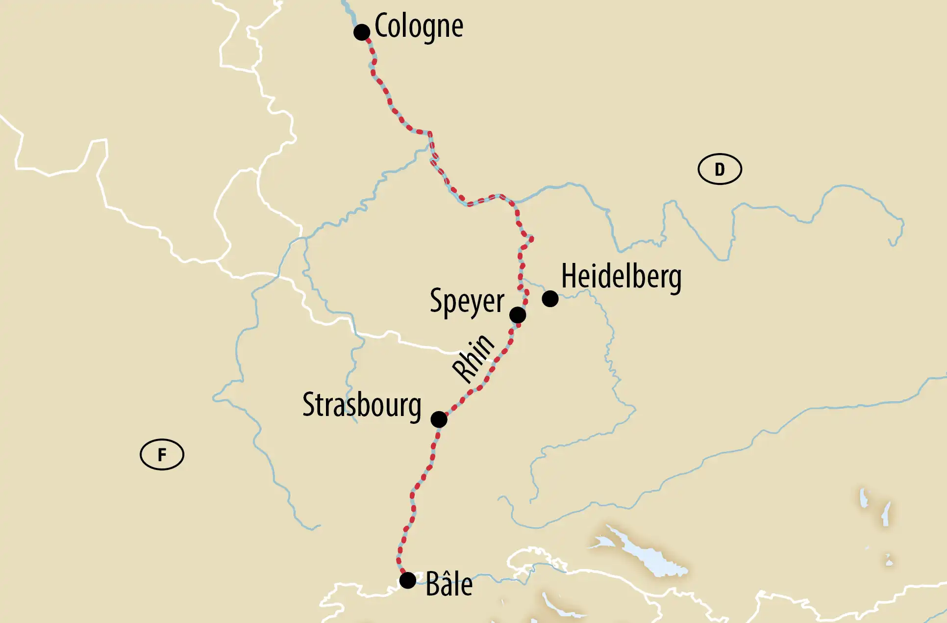 Carte de l itinéraire le long du Rhin de Cologne via Spire et Strasbourg jusqu à Bâle, avec étapes indiquées.