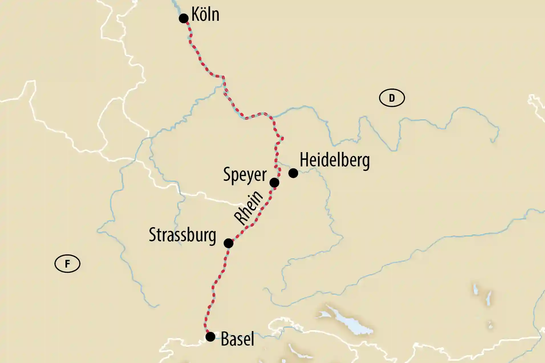 Karte der Reiseroute entlang des Rheins von Köln über Speyer und Strassburg bis Basel, mit markierten Stationen.