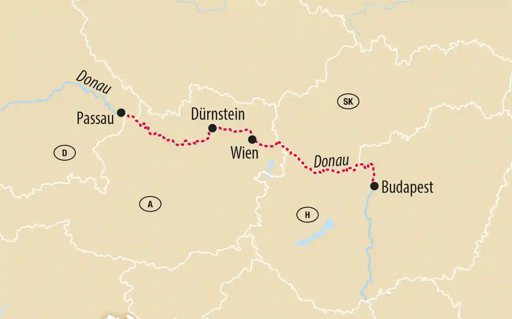 Karte einer Donaureise von Passau ueber Duernstein und Wien nach Budapest mit eingezeichneter Route entlang der Donau.