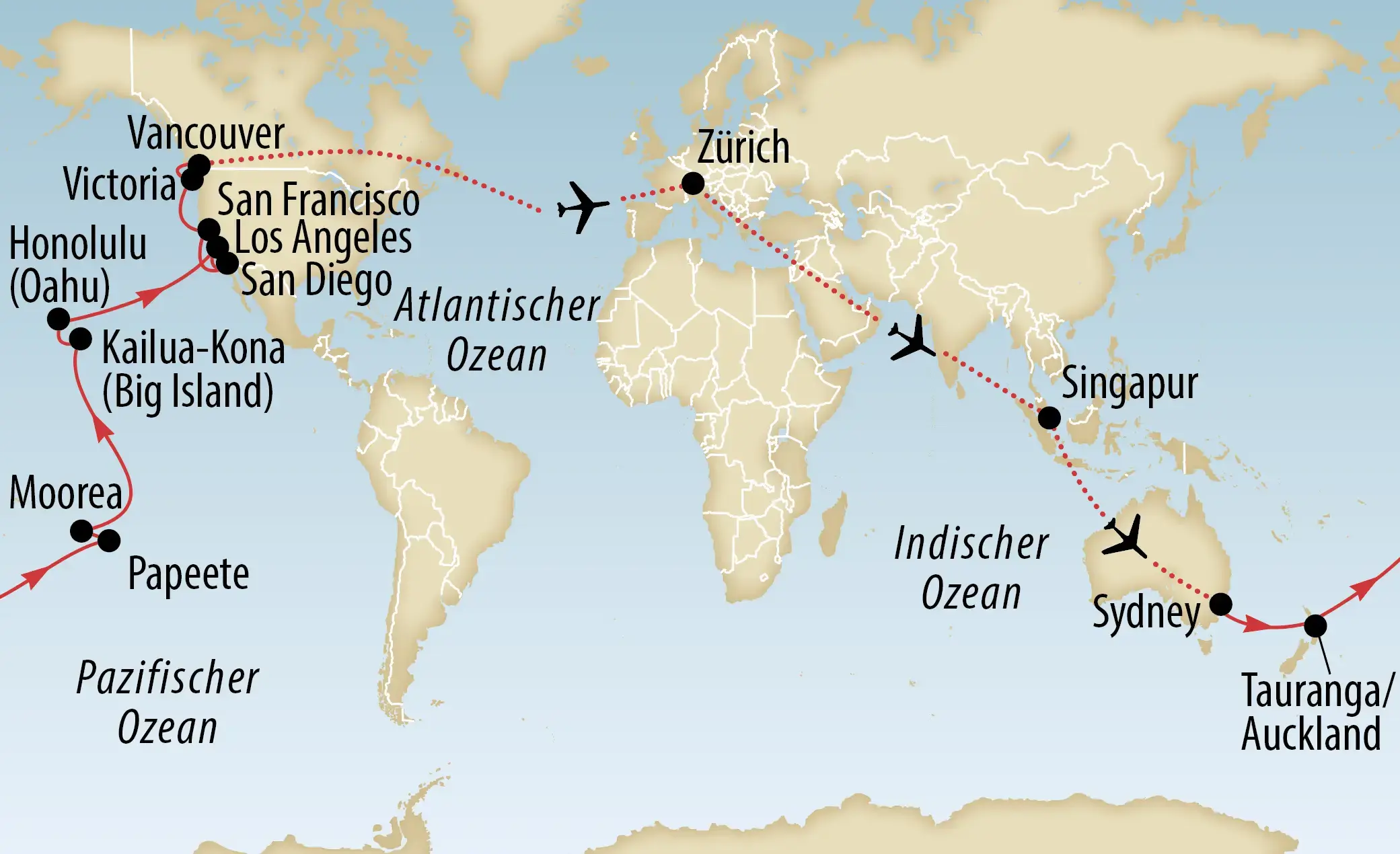 Reiseroute von der Weltreise mit verschiedenen Stationen