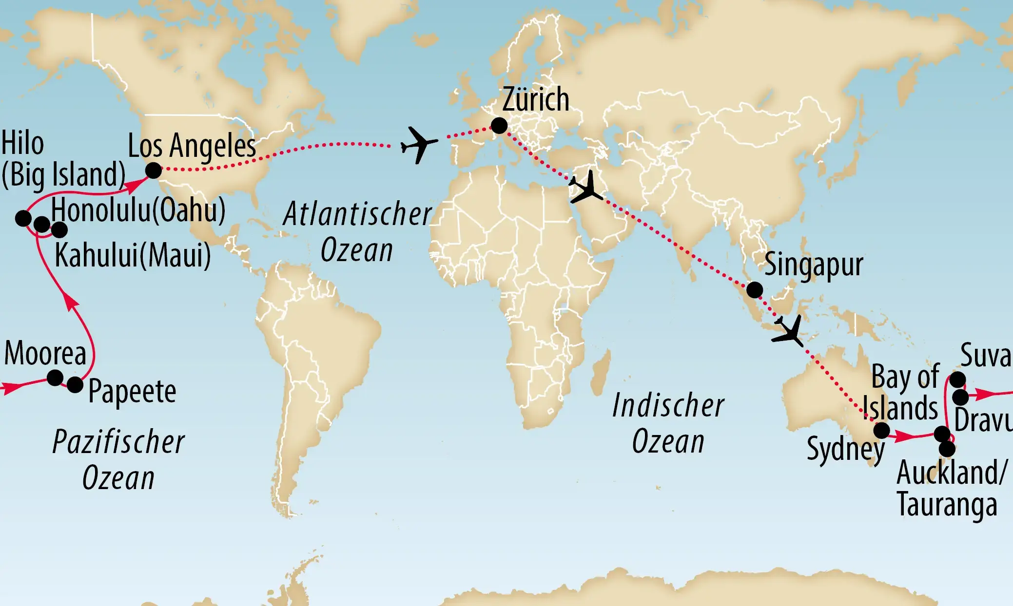 Weltkarte mit eingezeichneter Flugroute von Europa nach Ozeanien