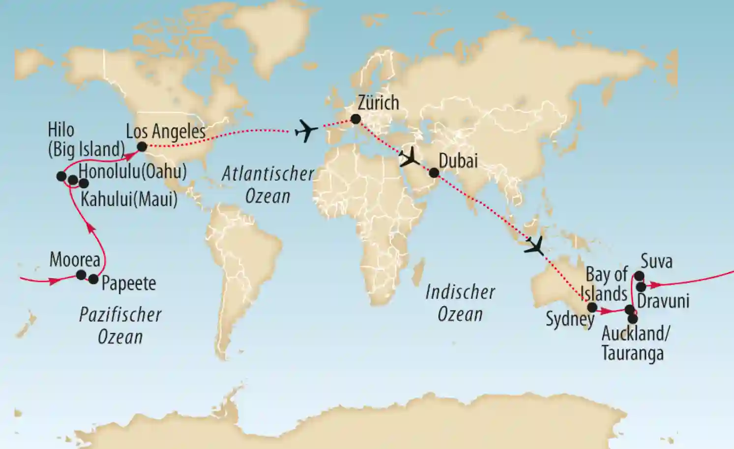 Weltkarte mit eingezeichneter Flugroute von Europa nach Ozeanien