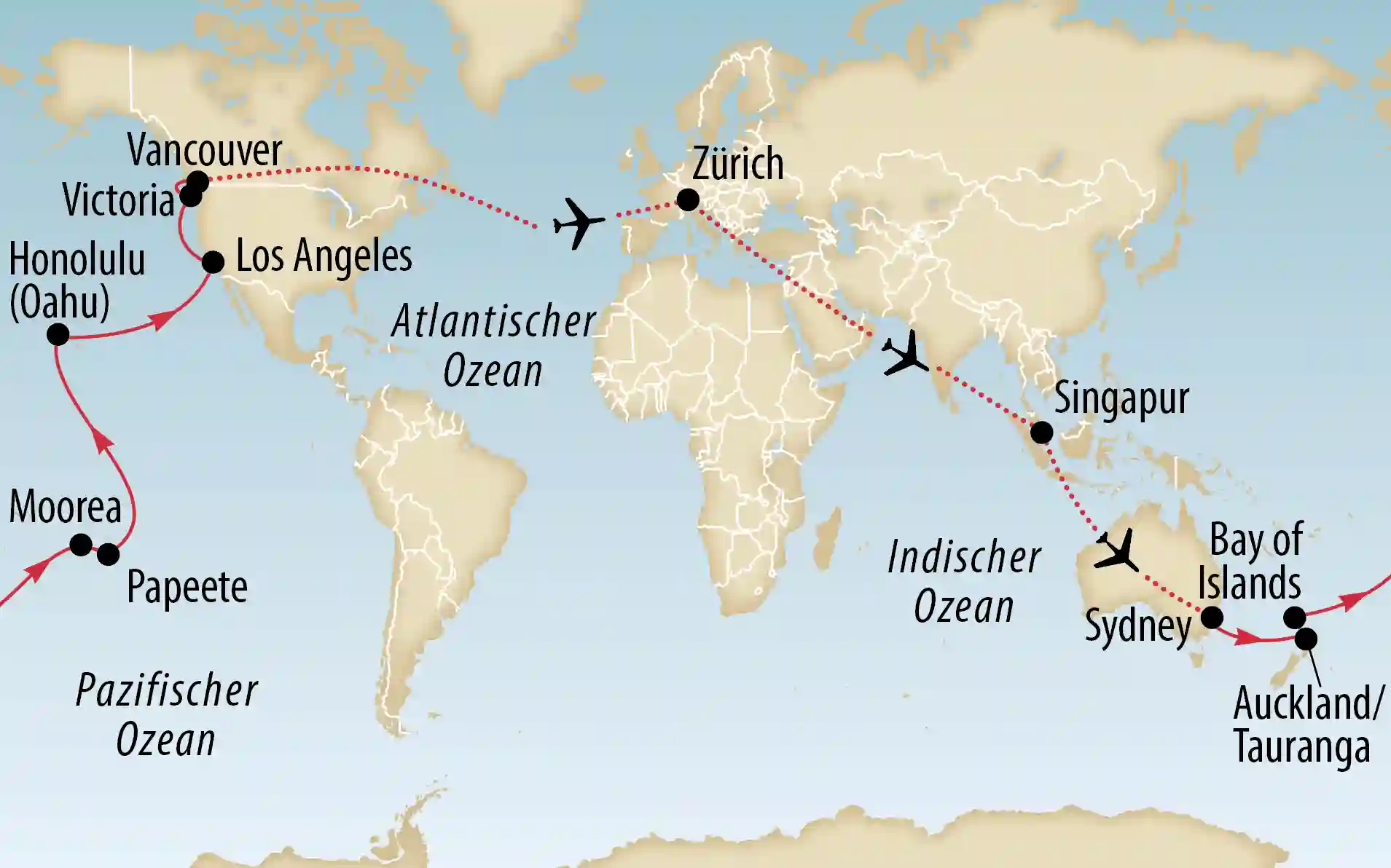 Weltkarte mit eingezeichneter Reiseroute über Nordamerika, Europa, Asien und Ozeanien