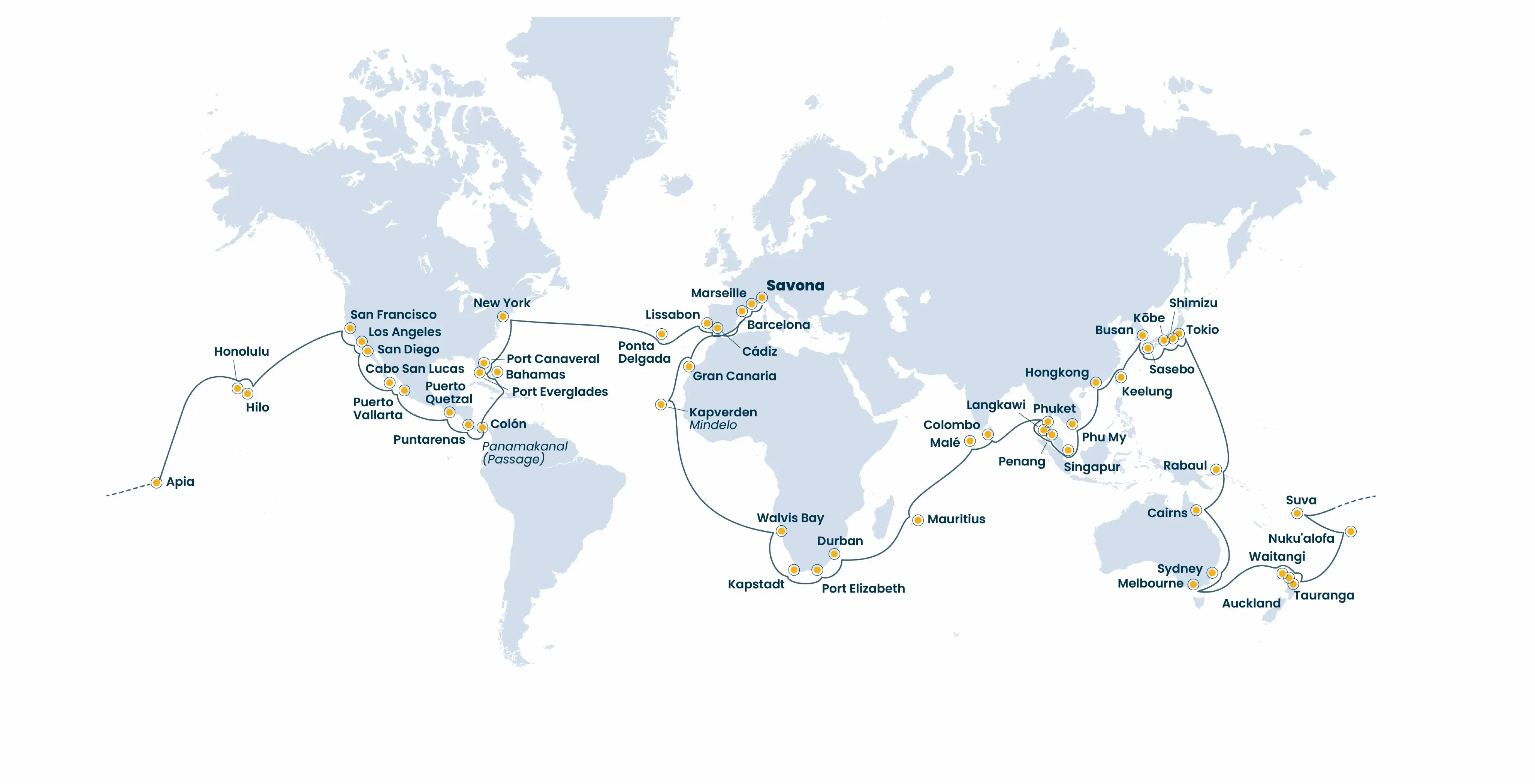 Karte mit der Reiseroute und Stopps während der Kreuzfahrt.