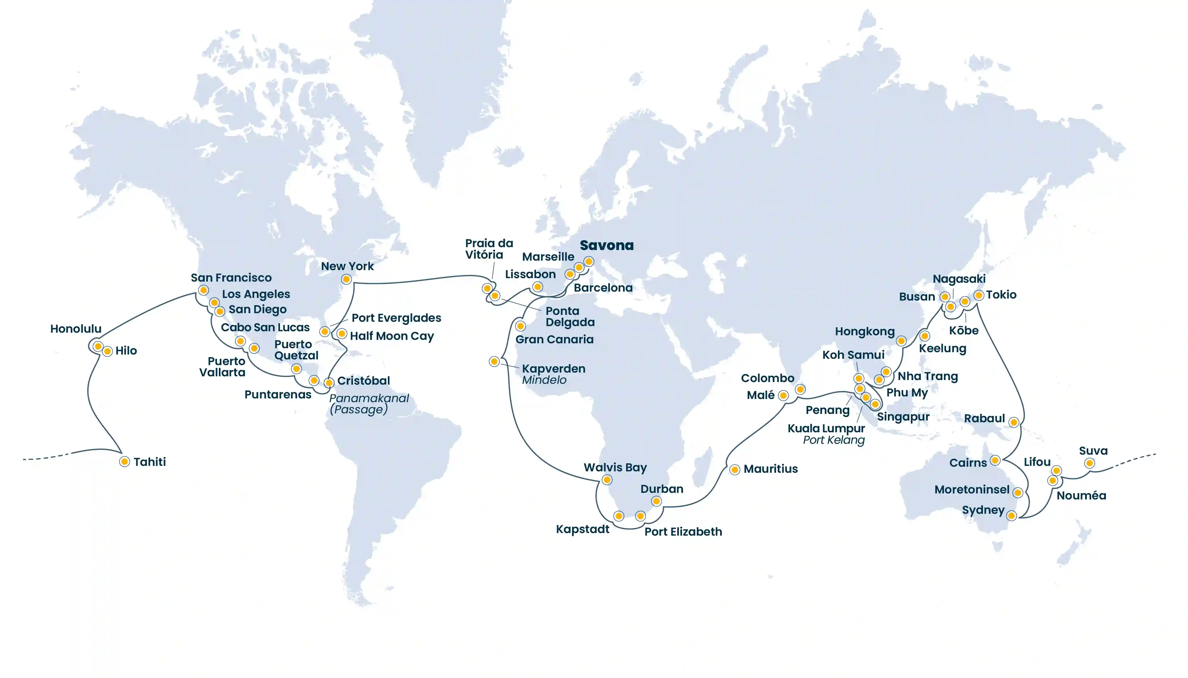 Weltkarte mit eingezeichneter Kreuzfahrt Weltreiseroute über Amerika, Europa, Afrika, Asien, Australien und Ozeanien