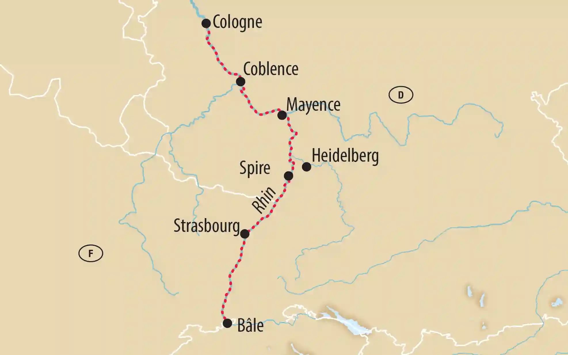 Version française de la carte de croisière sur le Rhin entre Cologne et Bâle.
