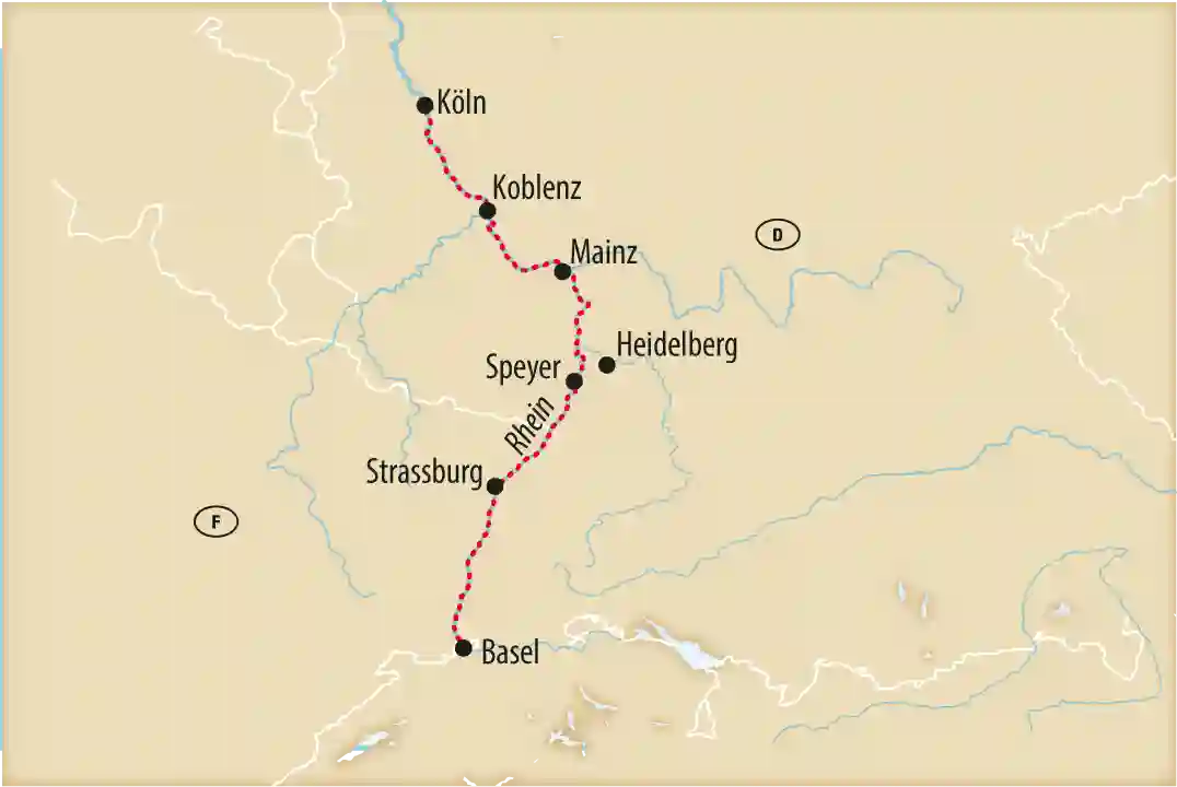 Französische Version der Karte einer Rhein-Kreuzfahrt zwischen Köln und Basel.