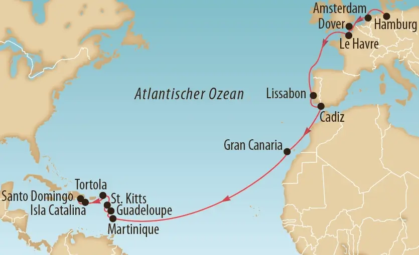 Karte des Atlantischen Ozeans mit eingezeichneter Schiffsroute von Nordeuropa über Lissabon, die Kanarischen Inseln und Cadiz bis in die Karibik mit mehreren Inselstopps