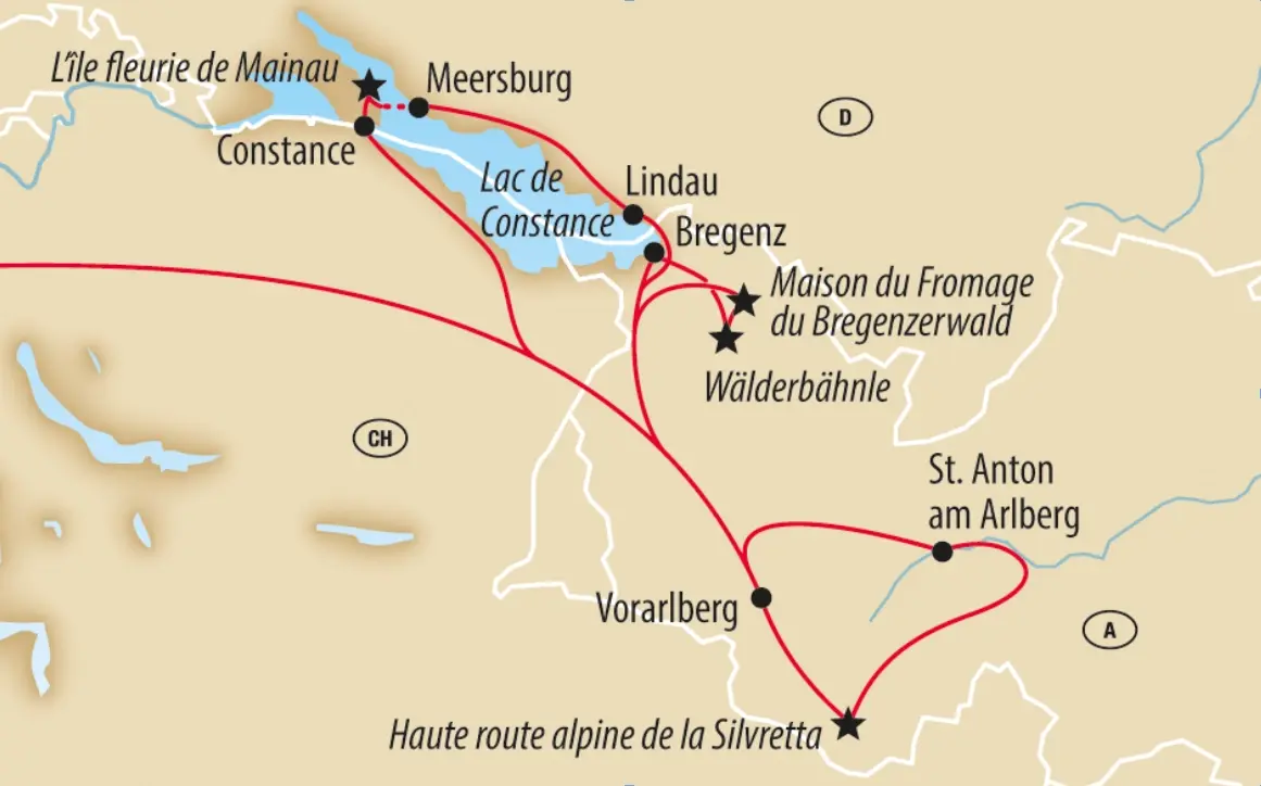 Carte illustrée montrant un itinéraire touristique autour du lac de Constance et du Vorarlberg, avec villes et points d’intérêt.