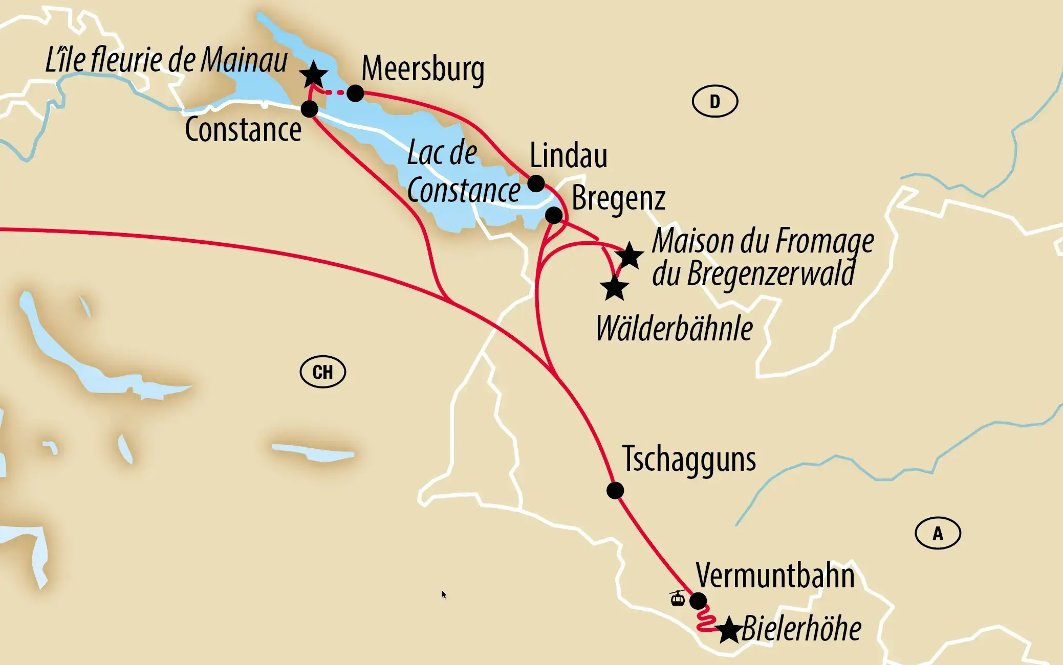 Carte illustrée montrant un itinéraire touristique autour du lac de Constance et du Vorarlberg, avec villes et points d’intérêt.