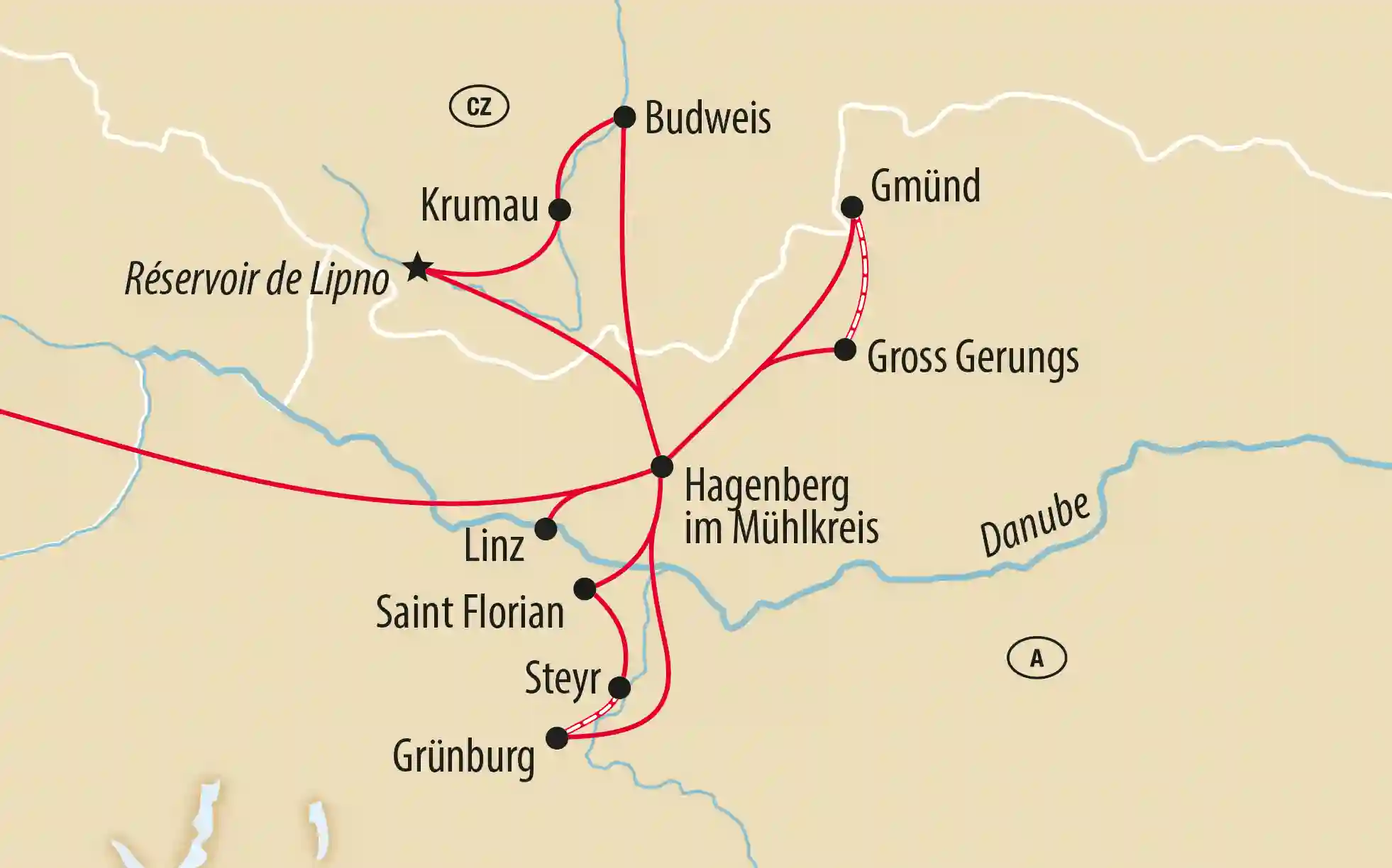 Carte illustrant un itinéraire de voyage en Autriche et en Tchéquie, reliant Linz, Steyr, Saint-Florian, Český Krumlov et České Budějovice.