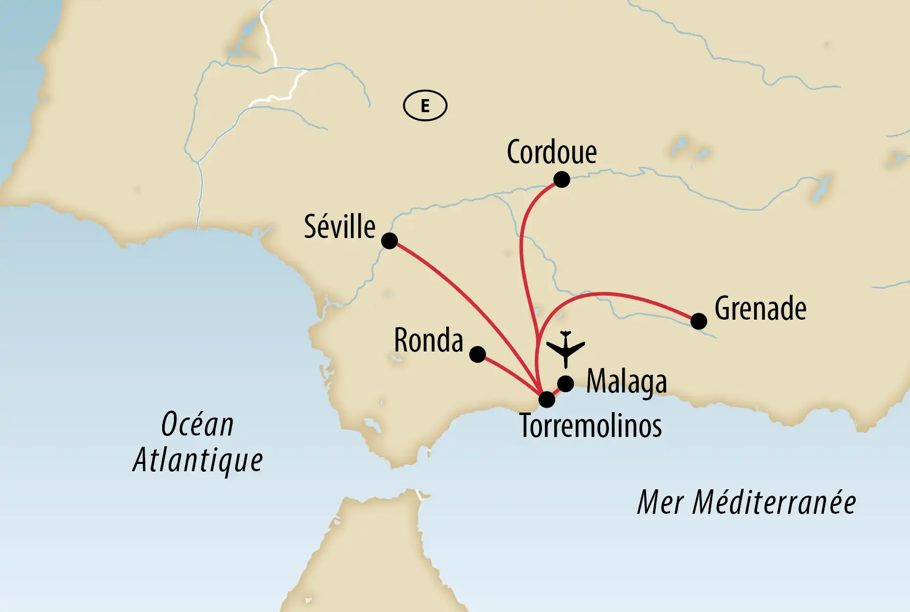 Carte avec itinéraire de voyage en Andalousie avec des etapes comme Seville Cordoue Grenade et Malaga 