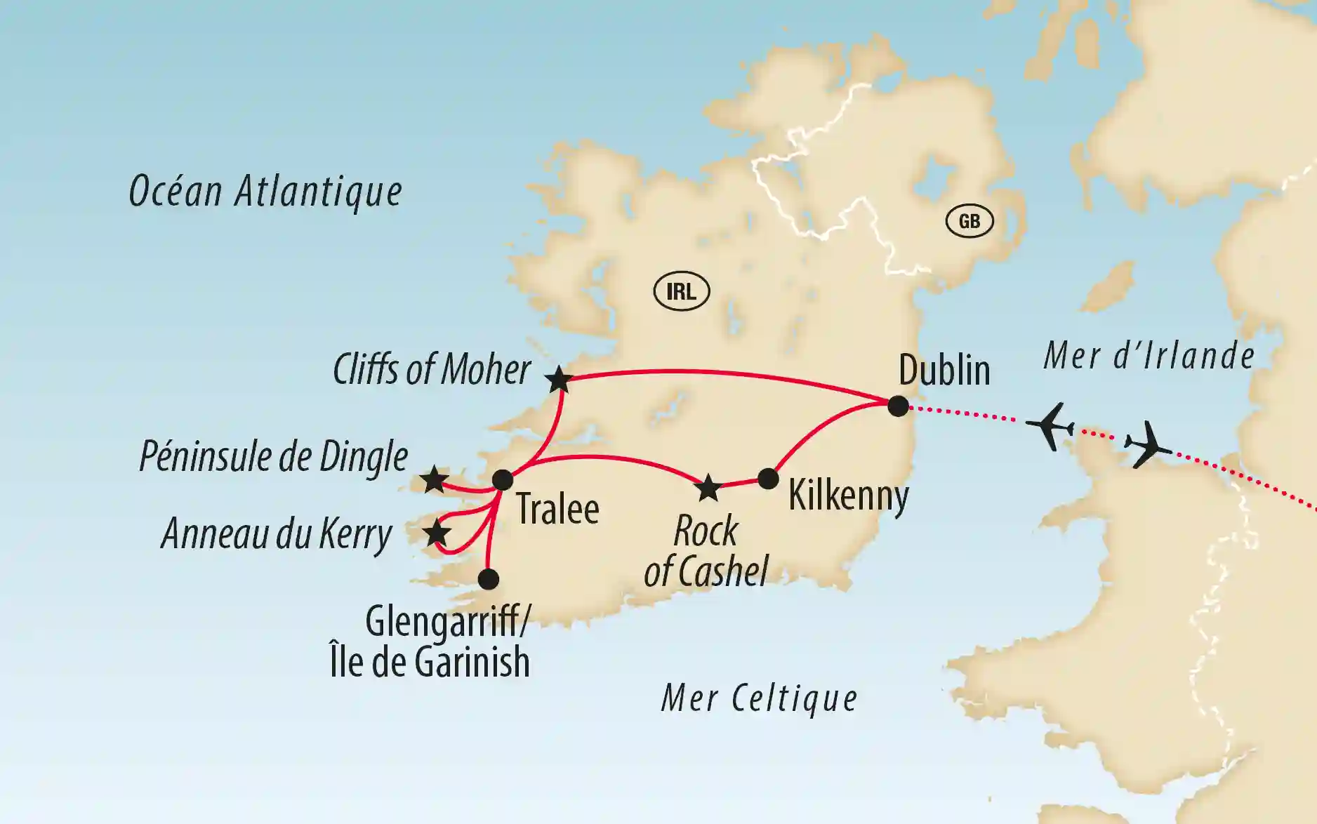 Carte illustrant un itineraire de voyage en Irlande avec villes et sites touristiques majeurs