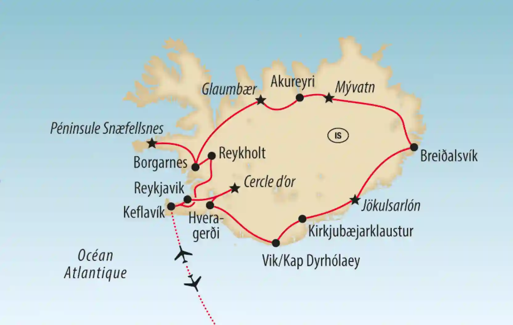 Carte de l’Islande montrant un itinéraire circulaire avec principales étapes touristiques et villes.