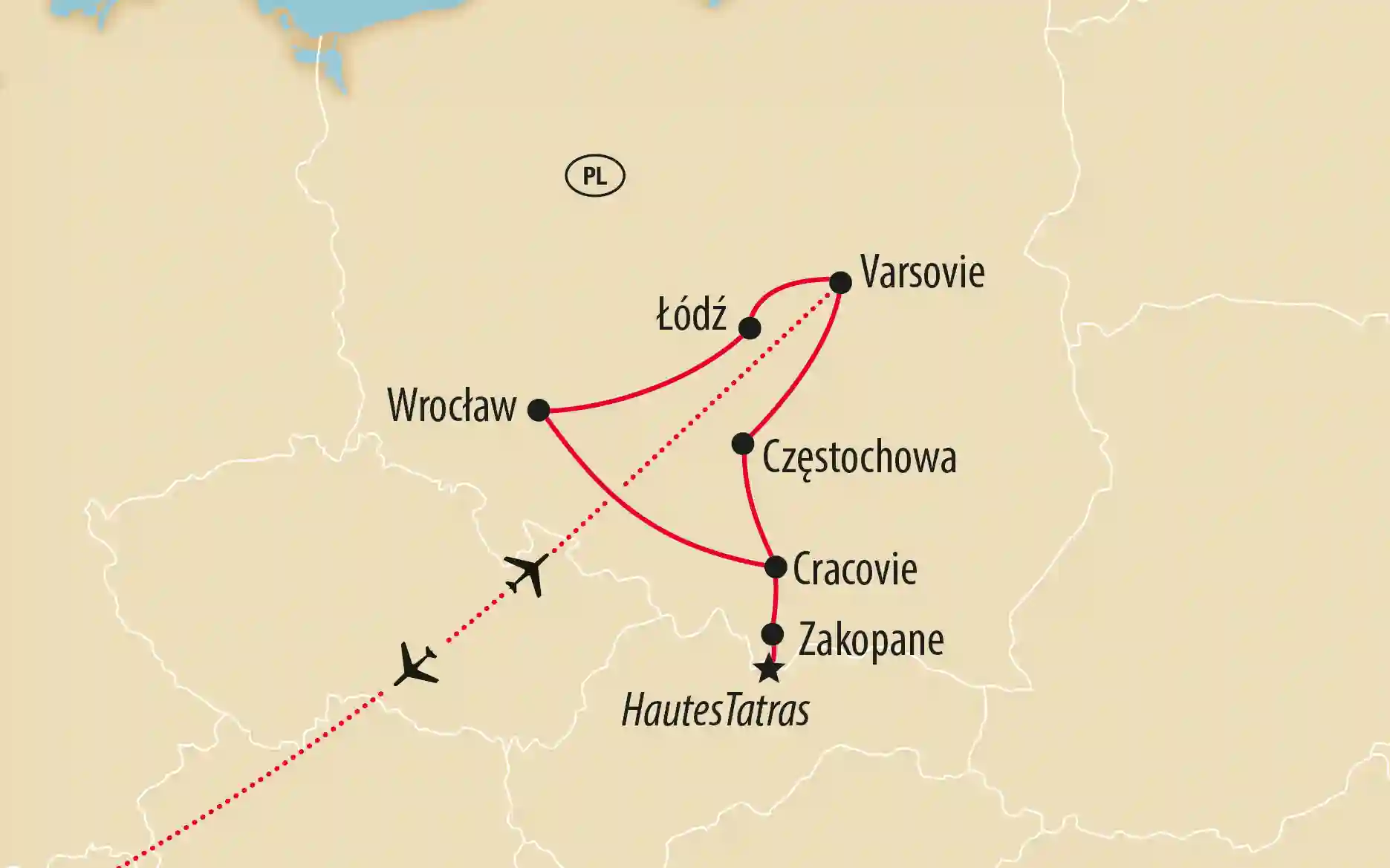 Carte de voyage de la Pologne montrant l’itinéraire entre Varsovie, Łódź, Cracovie, Zakopane et Wrocław.
